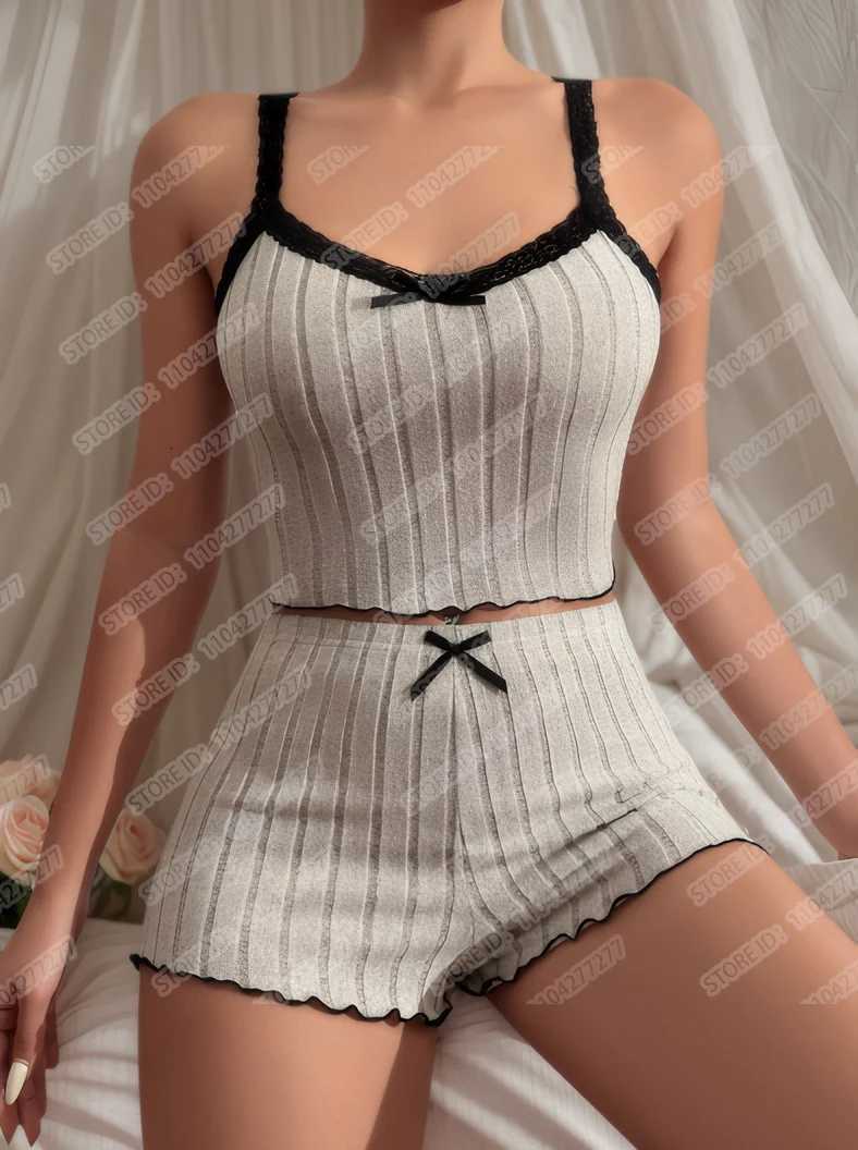 Womens Pajama Suit Suspender Sexy Butterfly Knot Strap Top Shorts Two Piece Set Comfortable Home Wear Spring Summer SleepwearT251014