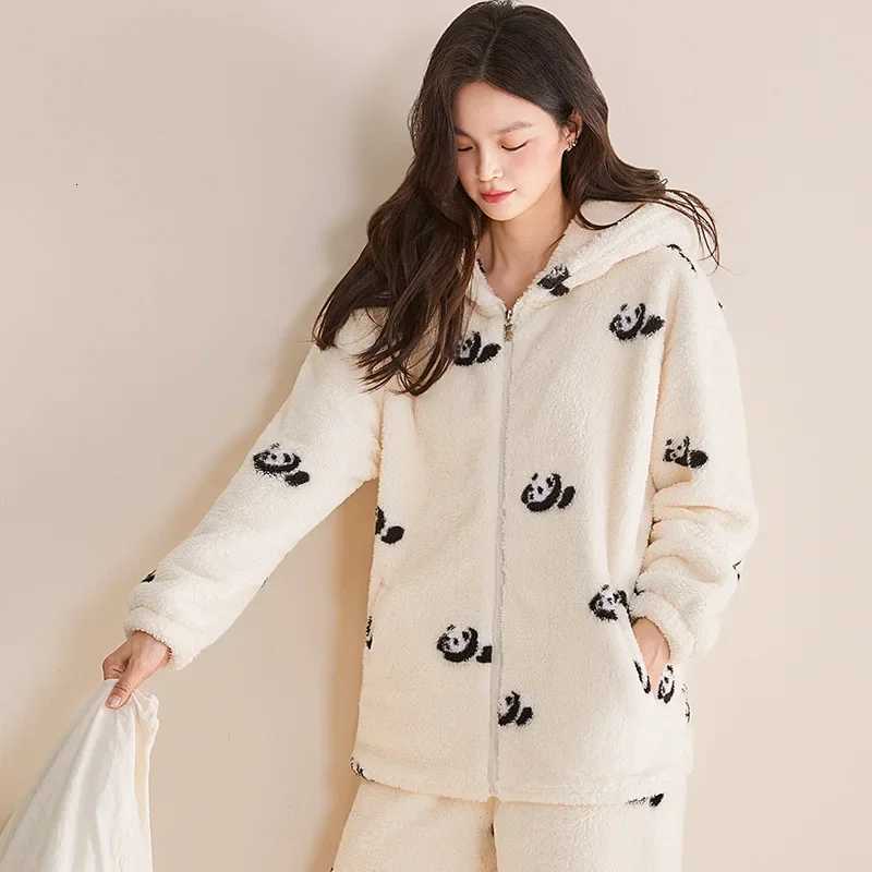 Winter Cartoon Sleepwear Womens Coral Fleece Hooded Zipper Home Clothes Outdoor Wearable TwoPiece Set Warm Home Leisure SuitT251014