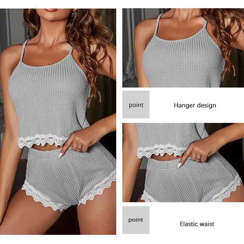 Soft Comfortable Women Sleeveless TShirts and Shorts Loose Home Wear Underwear Sexy Lace Pajamas SetT251014