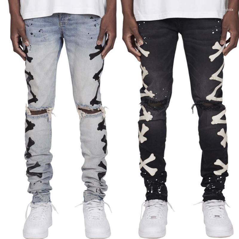 Men's Jeans High Quality 2025 European And American Hole Printed Stretch Bone Trend One-piece Hair