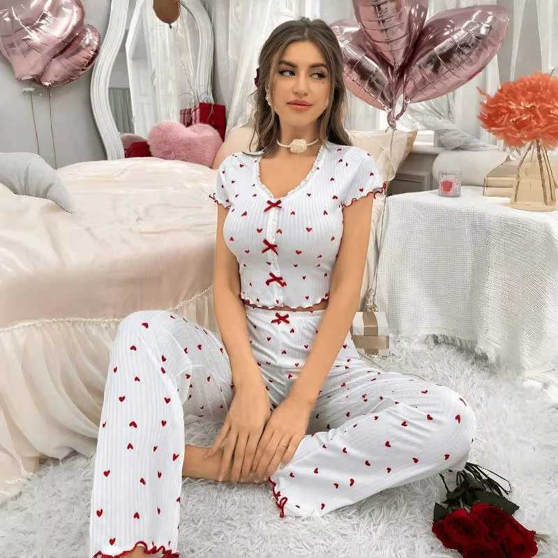 Spring Autumn Coquette Pajama Set Women Sexy Heart Print Ruffle Trim Crop Top Pants 2 Piece Y2K Aesthetic Loungewear SleepwearT251014