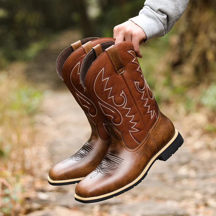 Mens creative pattern embroidered retro rope boots widetoed mens cowboy boots hightop riding 251023ww