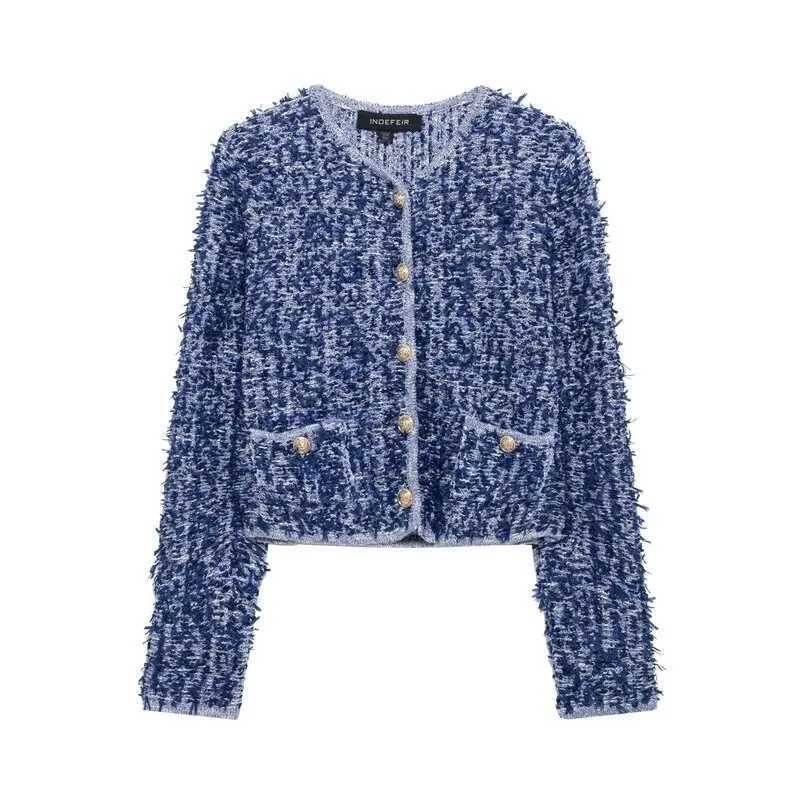 Spring 2025 Womens Faionable Knitted Long Sve round Ne Interwoven Outerwear Versatile Straight Cut Leng Regular W251014