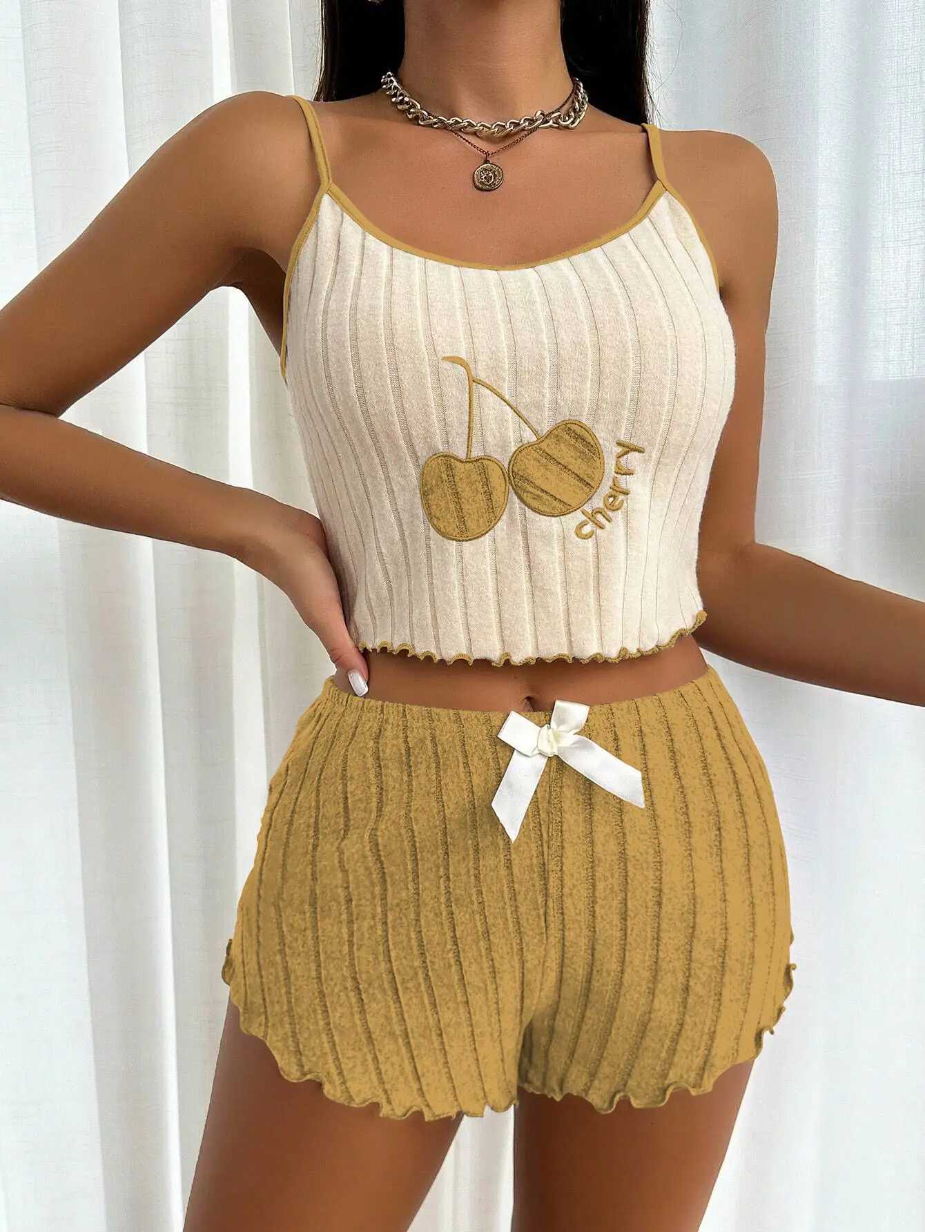 Summer 2pcs Pajamas Set for Women Casual Simple Ground Wool Halter Vest Shorts Set Home Wear Sleepwear LoungerwearT251014