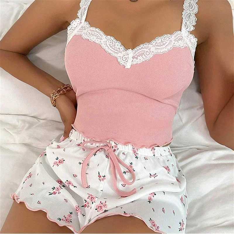 Womens TwoPiece Summer Ribbed Knitted Flower Print Lace Trimmed Camisole Vest and Bow Shorts Sexy Pajama SetT251014