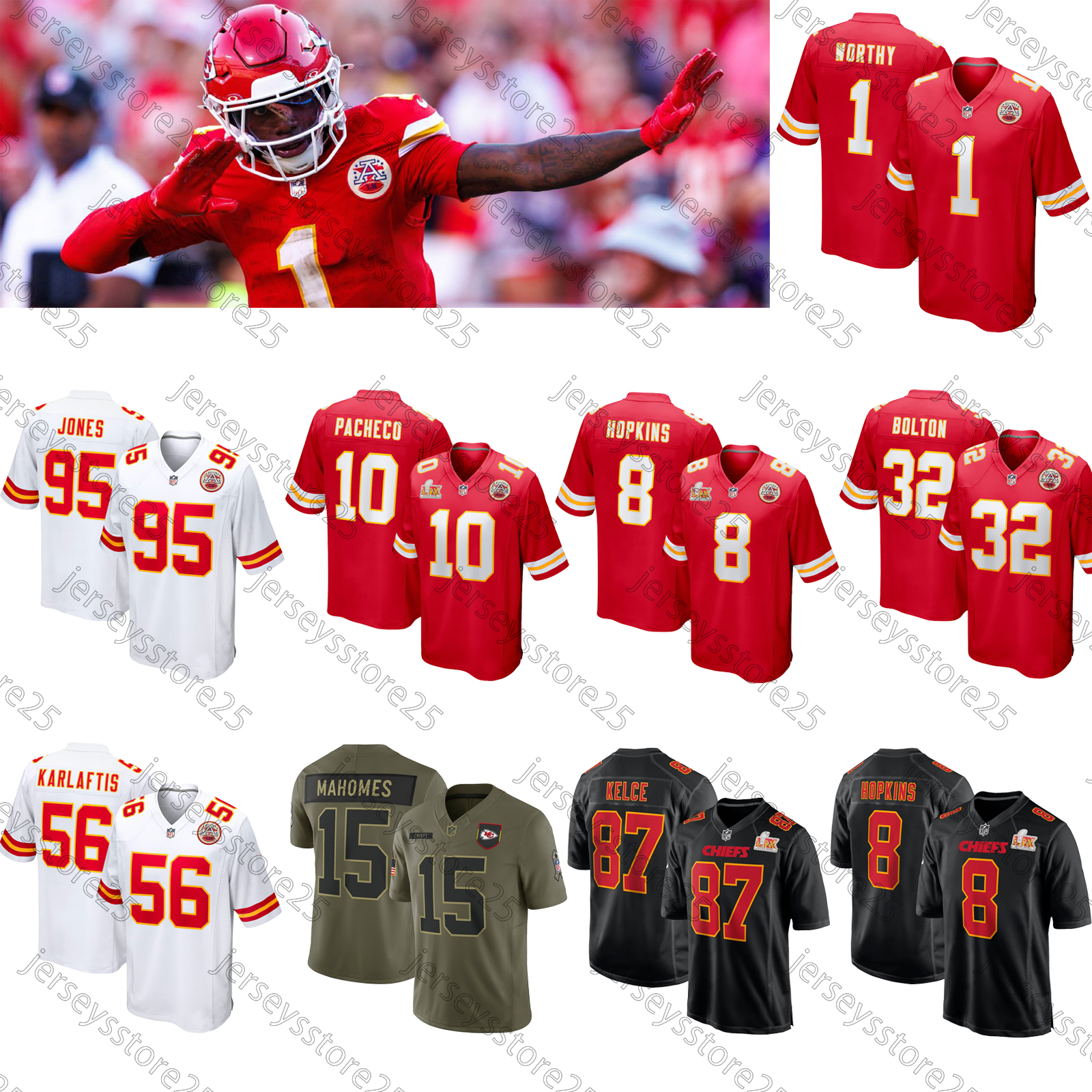 Patrick Mahomes Football Jersey Travis Kelce Isiah Pacheco Xavier Worthy Chris Jones George Karlaftis Harrison Butker Rashee Rice Nick Bolton Chiefss Jerseys
