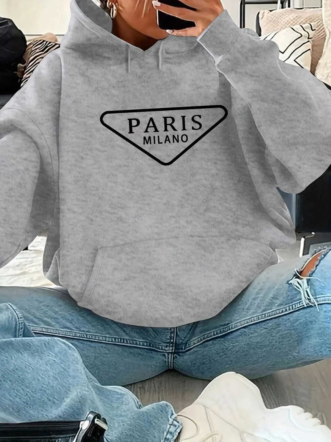 Womens autumn and winter casual fashion loose Paris MILANO pattern printed hooded drstring long sved warm pullover W251014