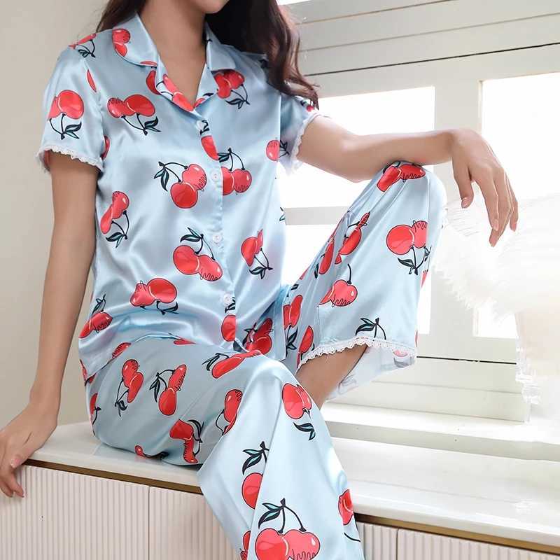 Womens Pajama Butterfly Cherry Print Satin Pijama Set Short Sleeve Buttons Top Elastic Waistband Pants Sleepwear LoungewearT251014