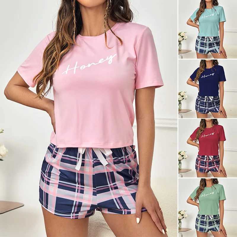 New Womens 2 Piece Pajamas Sets Letter Short Sleeve Pullover Tops and Drawstring Plaid Shorts Casual T Shirt Loungewear Pjs SetT251014