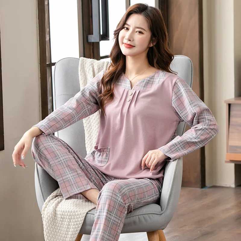Pyjamas Female Lattice Stitching Soft Cotton Fashion Women Long Sleeve Pajamas Set 2Pieceset Sexy Spring Home Lounge Gift XXXXLT251014