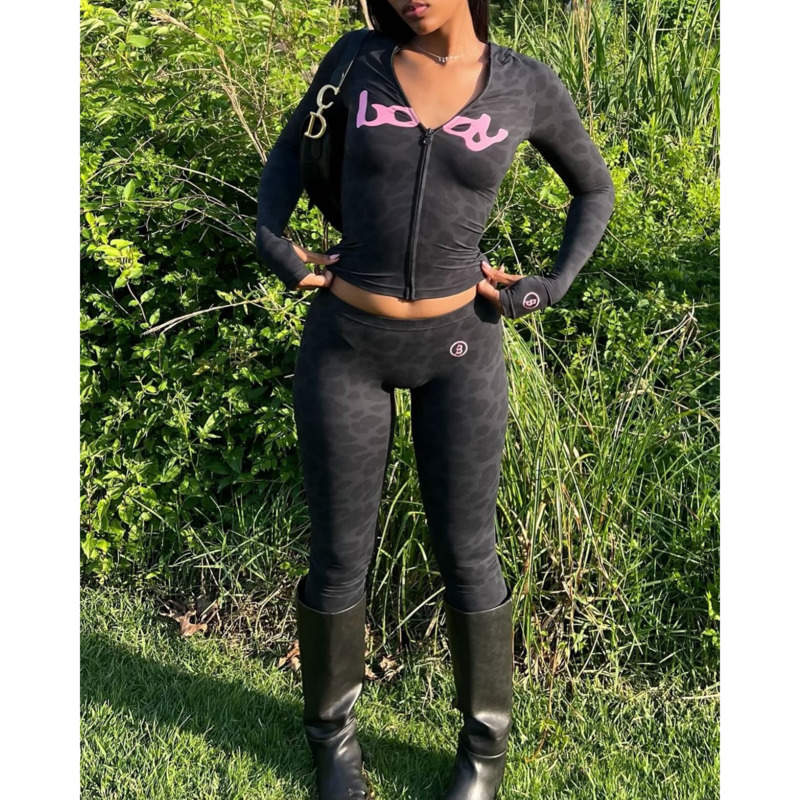 Womens Tracksuits Two Pieces Set 2025 Autumn New Fashion Versatile Sexy Letter Print Hooded Long Sleeve Cardigan Top And Pants Set 10 Colours