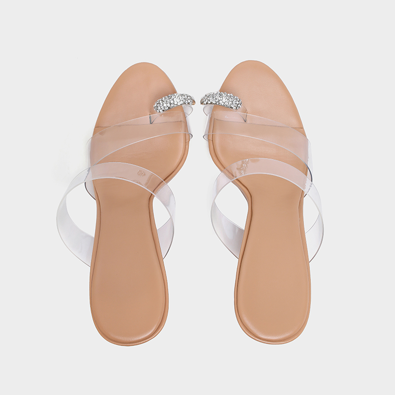 Women's Fashion Clear Strap Rhinestone-Embellished Stiletto Heel Mules - Apricot Pointed Toe Slip-On High Heels-36231