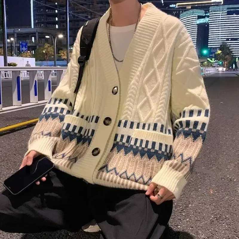 2023 New Autumn and Winter Fashion Academy Style Vne Printed Single Breasted Loose Casual Oversize Mens Sweater Cardigan W251014