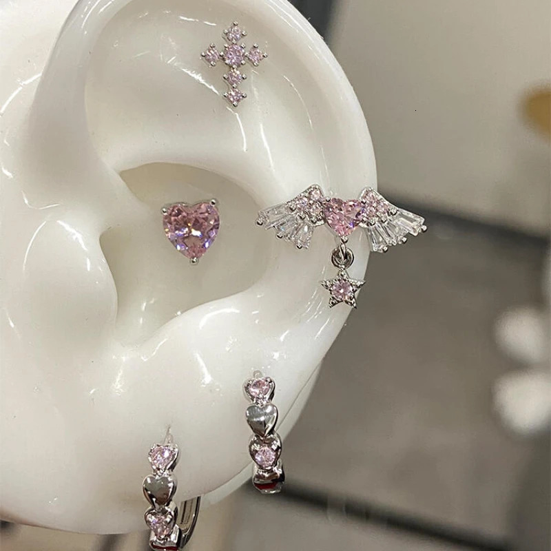 1 Pcs Pink Love Heart Wings Star Pendant Ear Bone Nail 316L Stainless Steel Piercing Earring Y2K Punk Jewelry Women Accessories 251014