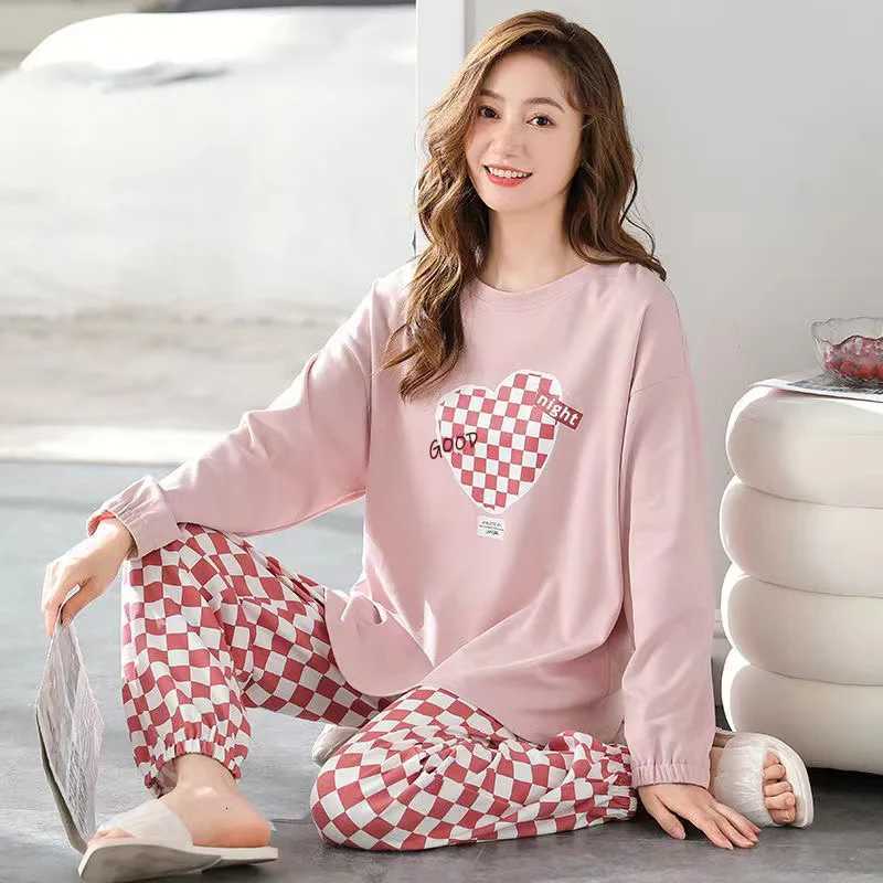 Pajamas Women Long Sleeve Long Pants Set Loose Plaid Student Pajamas Can Be Worn out Household Clothing Plaid Long Pants Blue TwT251014