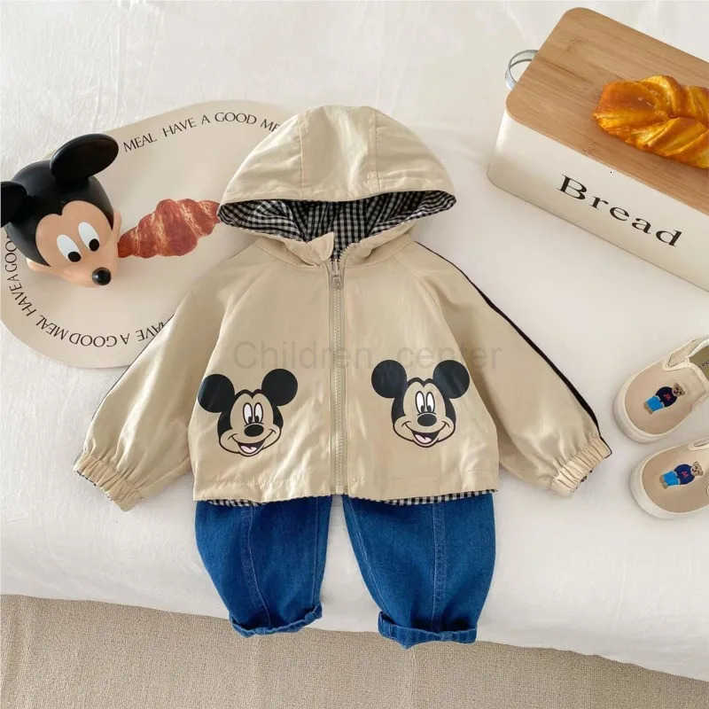 Disney Mickey Printed Jacket for Kids Cartoon Spring Double Sided Wear Hooded Outwear Khaki Autumn 05Y Toddler Blazer Korean version H251014
