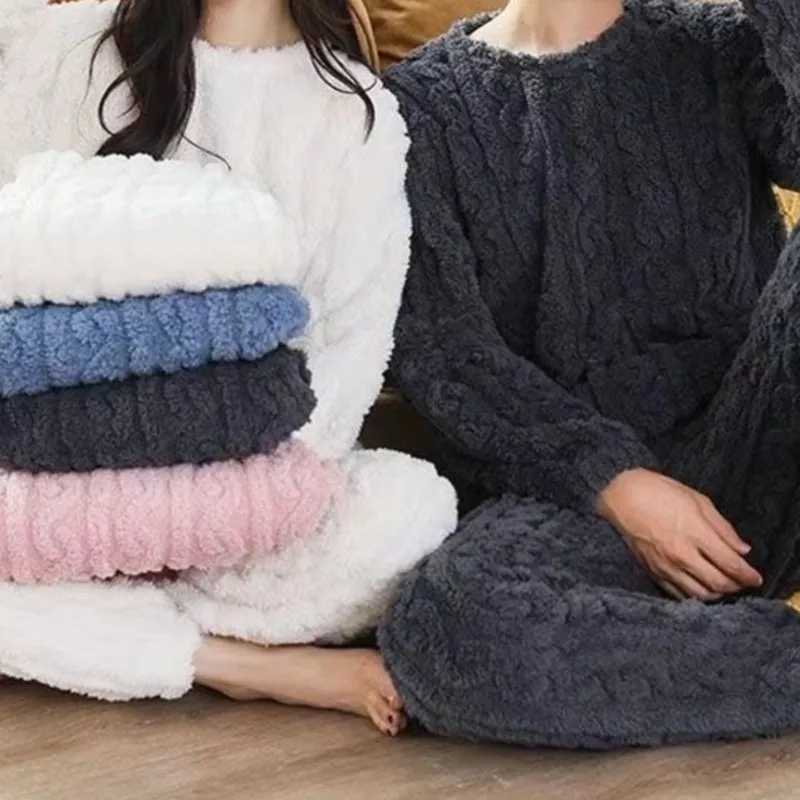 Autumn Winter Loose Sweet Casual Pajamas Womens Set Thick Fleeceing Wool Long Sleeve Top Home Elastic Waist Long Pants TrousersT251014