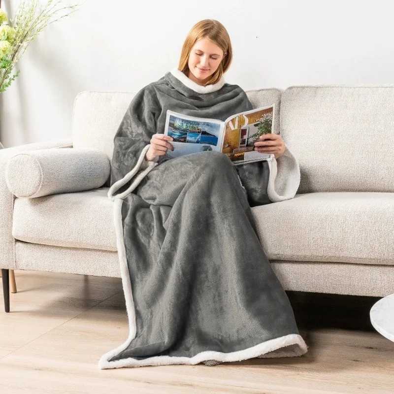 Grey Wearable Lazy TV Blanket With SleeveTV Sofa Blankets For Men WomenThick Fleece Blanket Winter Adult Cozy Soft Nap Blanket Y251013