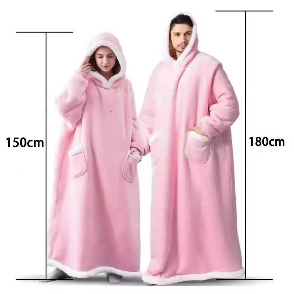 180cm Super Long Flannel Blanket Pyjamas with Sleeves Winter Hoodies Sweatshirt Women Men Pullover Fleece Giant Oversized Outd Y251013