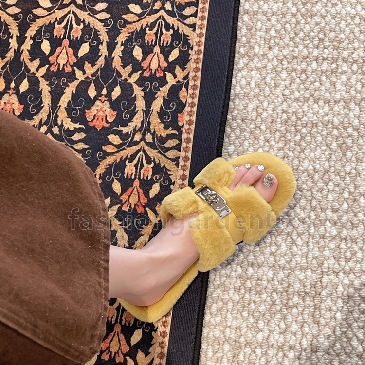 designer slides stylish flats slippers comfortable soft fluffy winter womens sandals chic buckle outdoor home shoes size 35-40