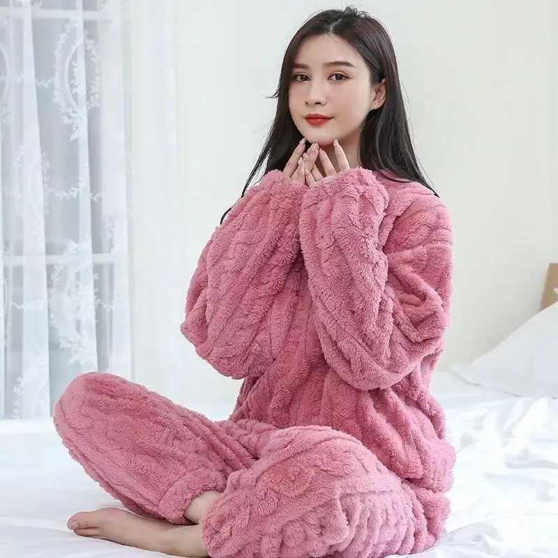 Winter Coral Fleece Pajama Set for Women Thick Warm Two Piece Loungewear Outfit Homewear Suit for Autumn and Winter Sleepwear Y251013