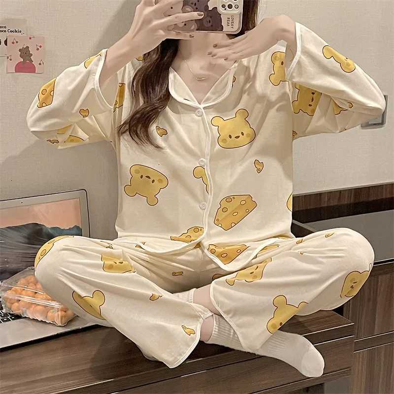2024 Spring and Autumn Milk Silk Pajamas Women Cardigan VNeck Long Sleeve Long Pants Thin Section Polka Dot Printed Homewear SeT251014