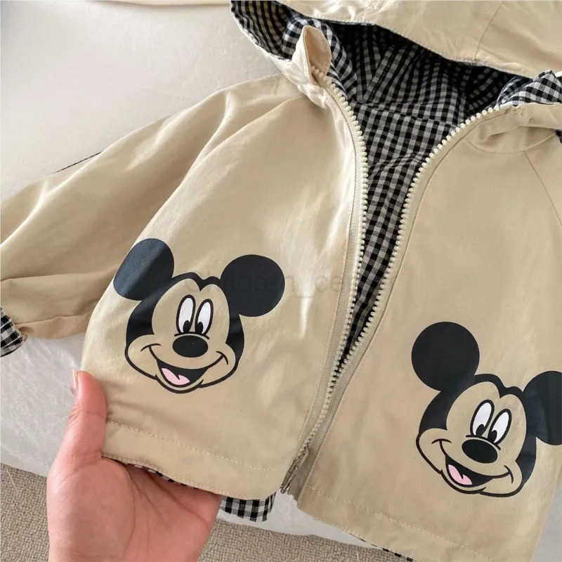 Disney Mickey Printed Jacket for Kids Cartoon Spring Double Sided Wear Hooded Outwear Khaki Autumn 05Y Toddler Blazer Korean version H251014