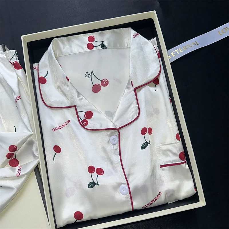 Cherry Print Pajamas Set for Women Summer Satin Two Piece Sleepwear Short Sleeve Shirt and Shorts Casual Fashion HomewearT251014