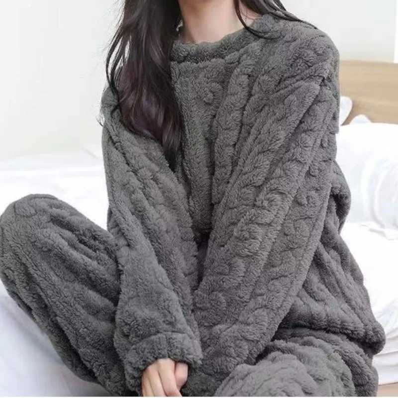 Autumn Winter Loose Sweet Casual Pajamas Womens Set Thick Fleeceing Wool Long Sleeve Top Home Elastic Waist Long Pants TrousersT251014