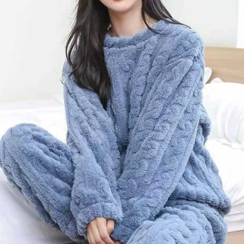 Autumn Winter Loose Sweet Casual Pajamas Womens Set Thick Fleeceing Wool Long Sleeve Top Home Elastic Waist Long Pants TrousersT251014