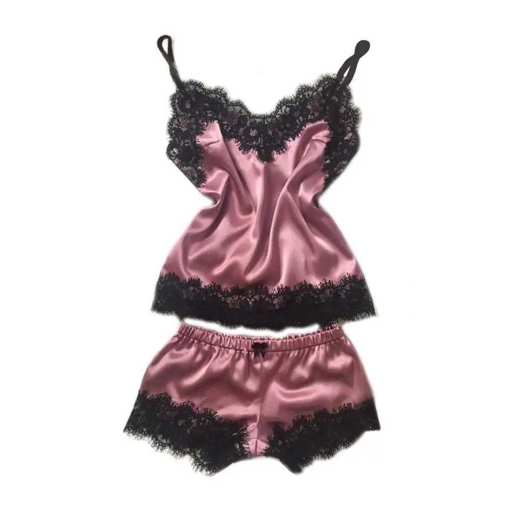 Fashion Bowknot Lace Pajama Suit Sleeveless Satin Ice Silk Two Pieces Nightwear Women Homewear Loose Lace Sleepwear Sets HomeT251014