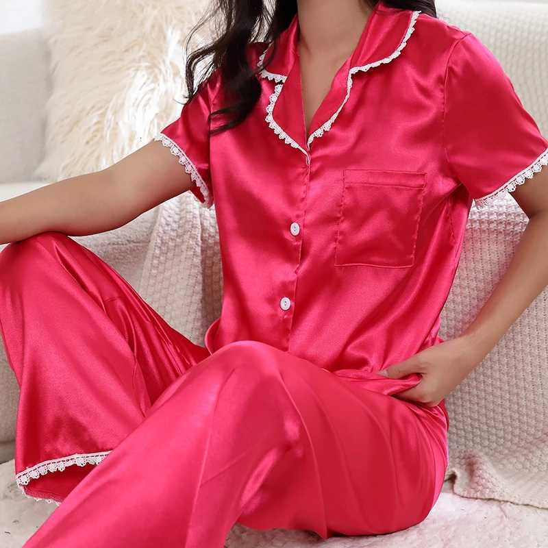 Womens Pajama Butterfly Cherry Print Satin Pijama Set Short Sleeve Buttons Top Elastic Waistband Pants Sleepwear LoungewearT251014