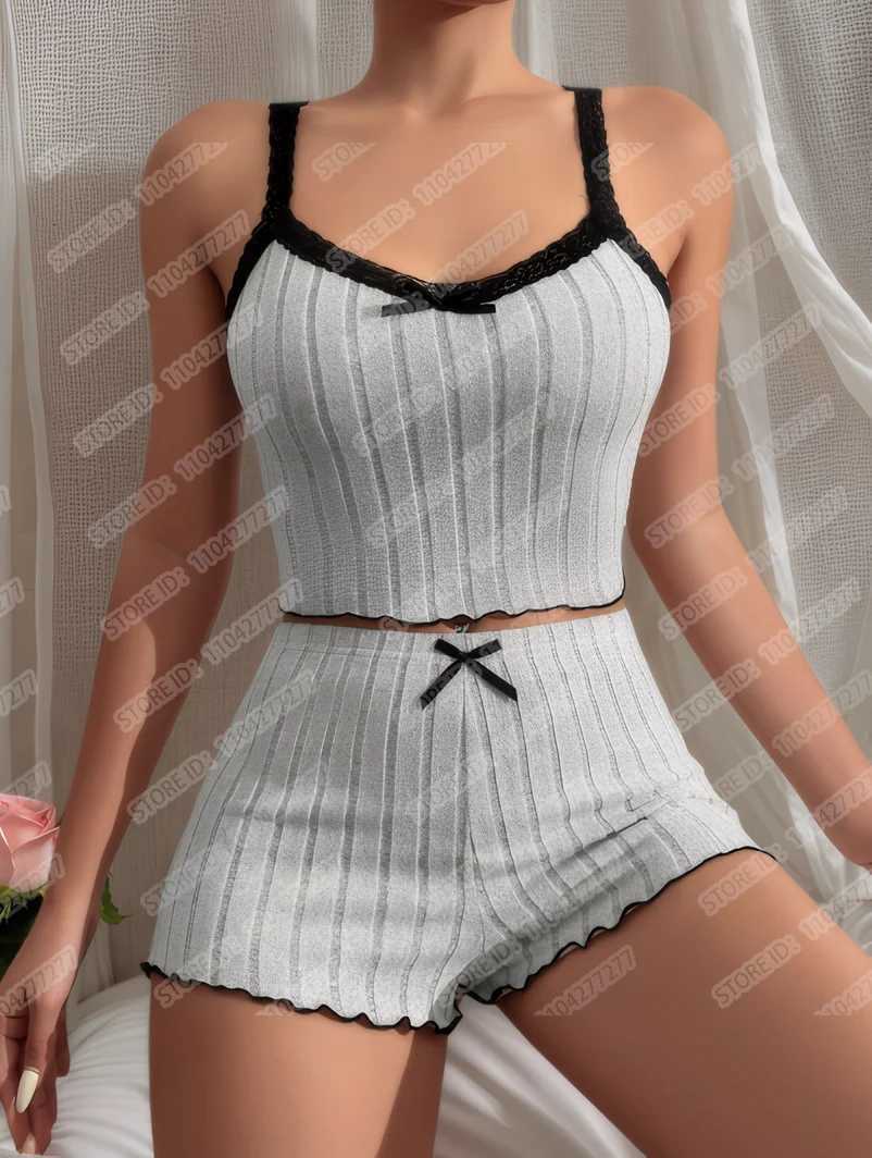 Womens Pajama Suit Suspender Sexy Butterfly Knot Strap Top Shorts Two Piece Set Comfortable Home Wear Spring Summer SleepwearT251014