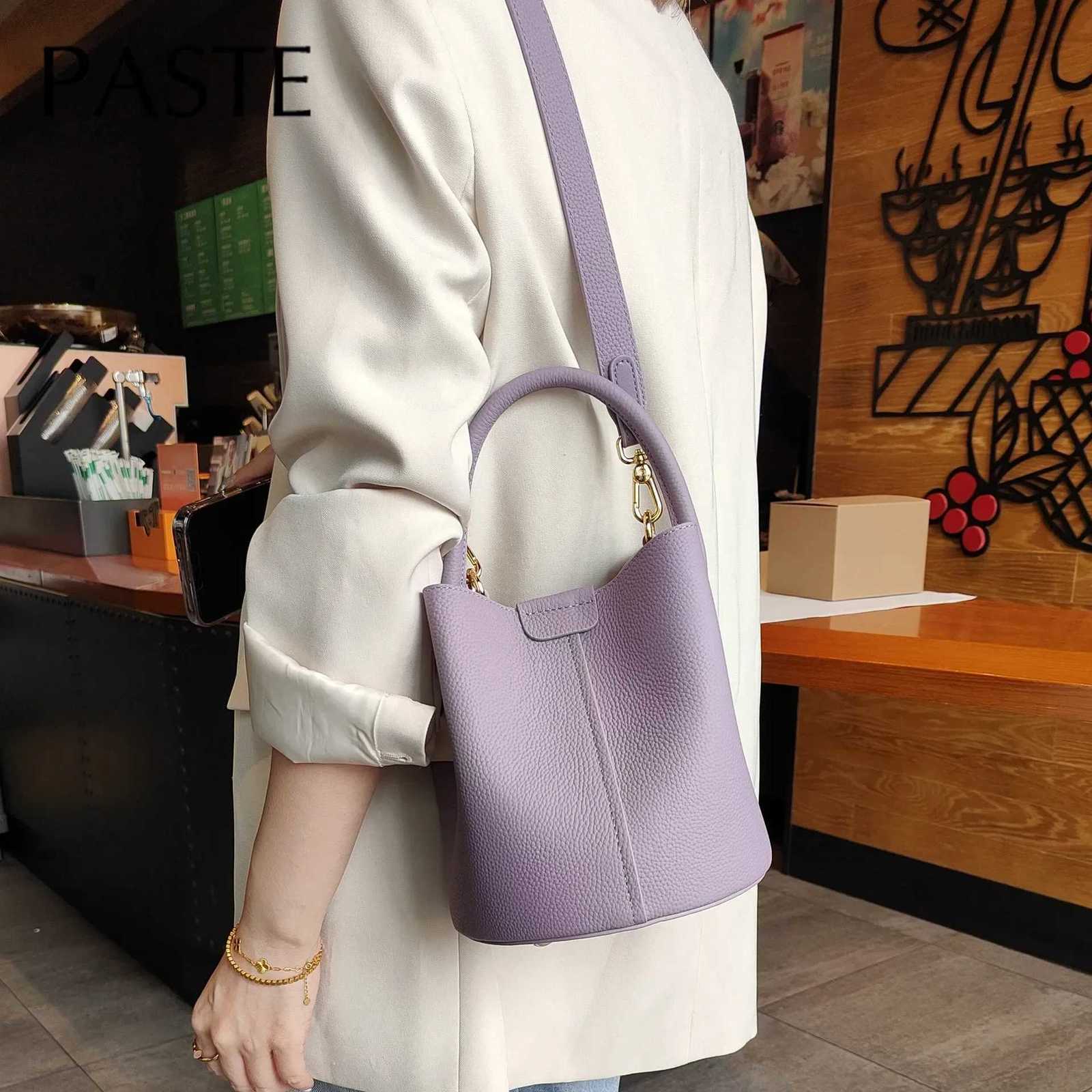 Noble Lavender Purple Round Bucket Tote Small Elegant Cowhide Leather Wens Shoder Crossbody Bag Fi Ladies Hand Bag D251014
