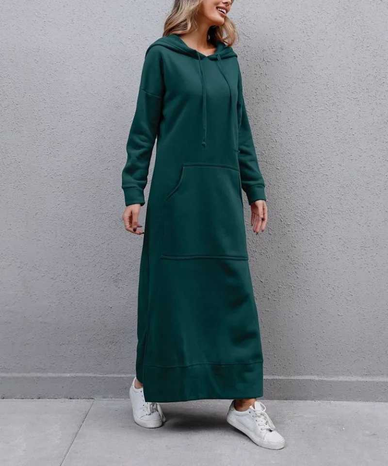 Hoodies Dress for Women Fashion 2024 Hem Laceup Midi Robe Hooded Long Vestidos Winter Warm Casual Loose Sweatshirt Dress Y251013