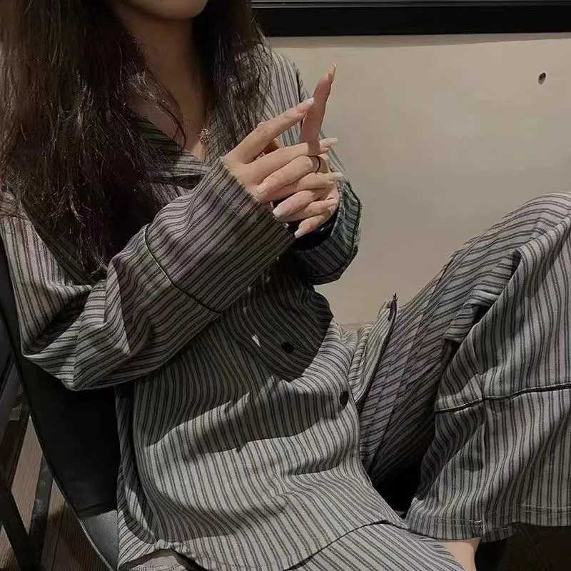 Pajamas for Women in Autumn and Winter Long Sleeved Striped Thin Design Can Be Worn Externally Student Sleepwear Two Piece SetT251014