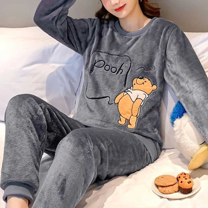 Thickened Warm Sleepwear for Winter Flannel Sleep Round Neck Student Loungewear TwoPiece Set Cartoon Bear Womens Pajamas SolidT251014