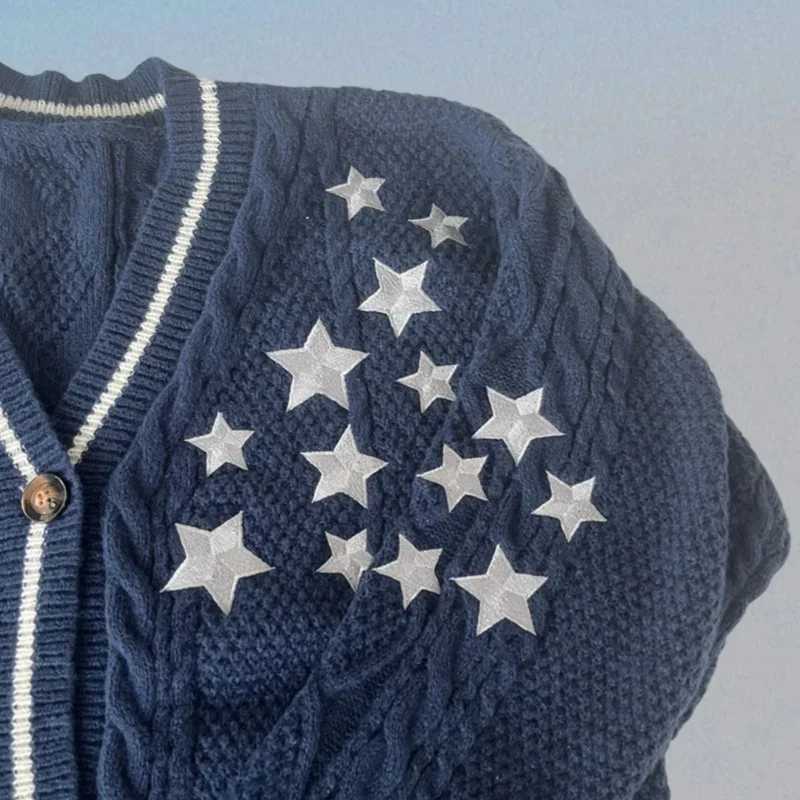 Midnight Dark Blue Cardigan Women Casual Fashion Star Embroidery Sweaters Femmes Autumn Winter Loose Fit Knitted Cardigans Tops W251014