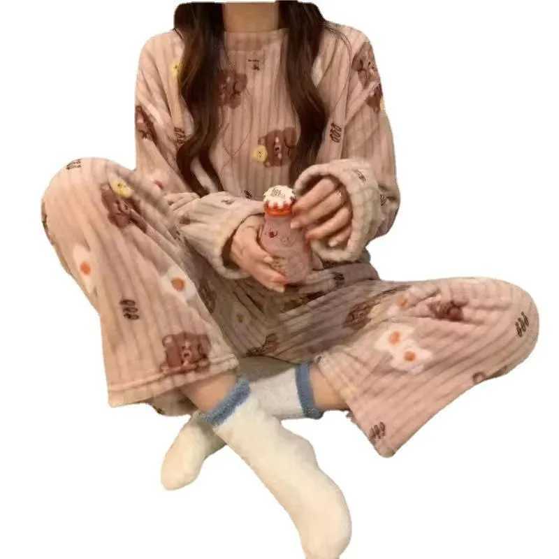 Cute Sweet Coral Fleece Thick Long Sleeve Sleepwear Set for Women Autumn Winter Home Clothes Warm Cozy Outdoor Wearable Pajamas Y251013