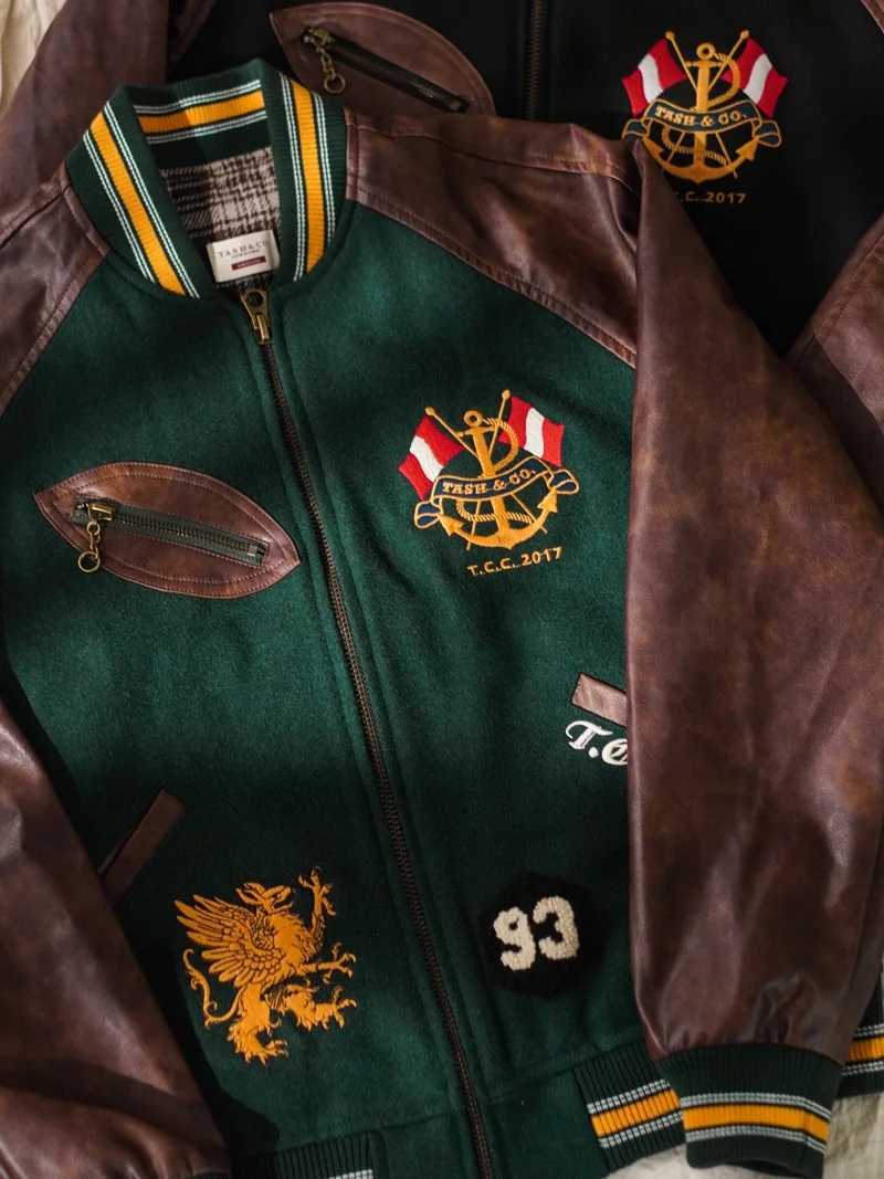 Vintage college wool baseball uniform leather embroidered jacket autumn and winter jacket ivy J251014