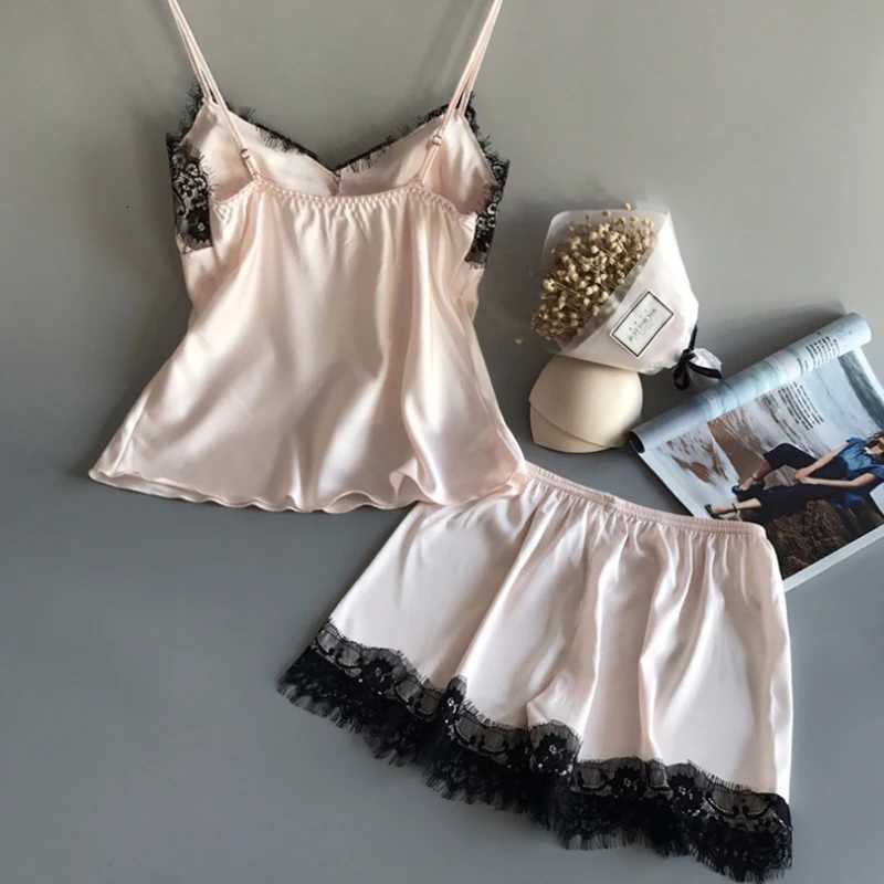 Women Pajama Suit Fashion VNeck Stretch Satin Babydoll Lace Sexy Lingerie Bowknot Pyjamas Sleep Shorts Set Sleepwear NewT251014