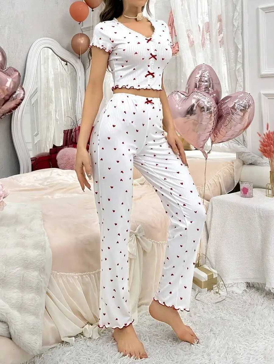 Heart Print Ribbed Frill Trim WomenS Pajama Set Knitted VNeck Loose Tops Autumn Elastic Long Pants Sleepwears VintagT251014