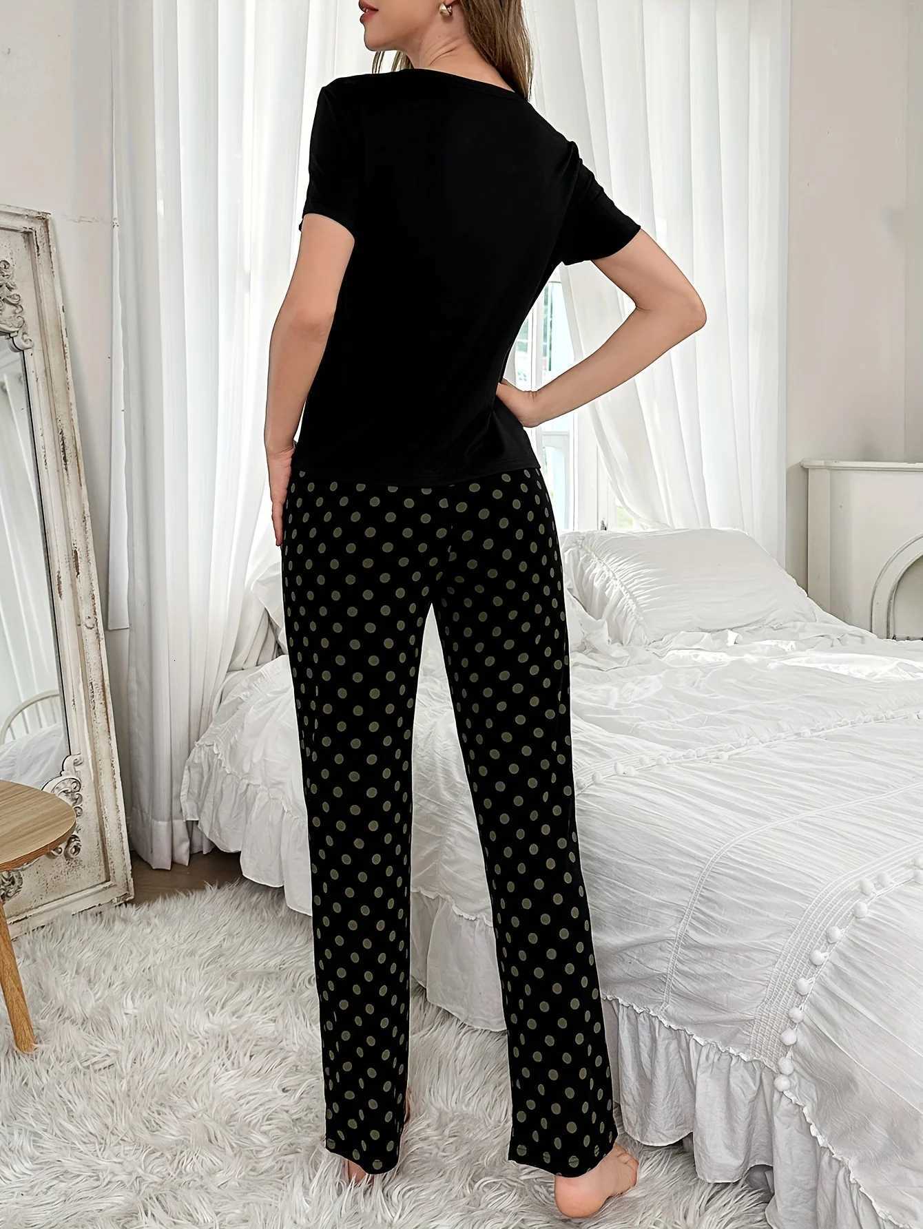 2Piece Womens Pajama Set Polka Dot Print ShortSleeved Pants SetT251014