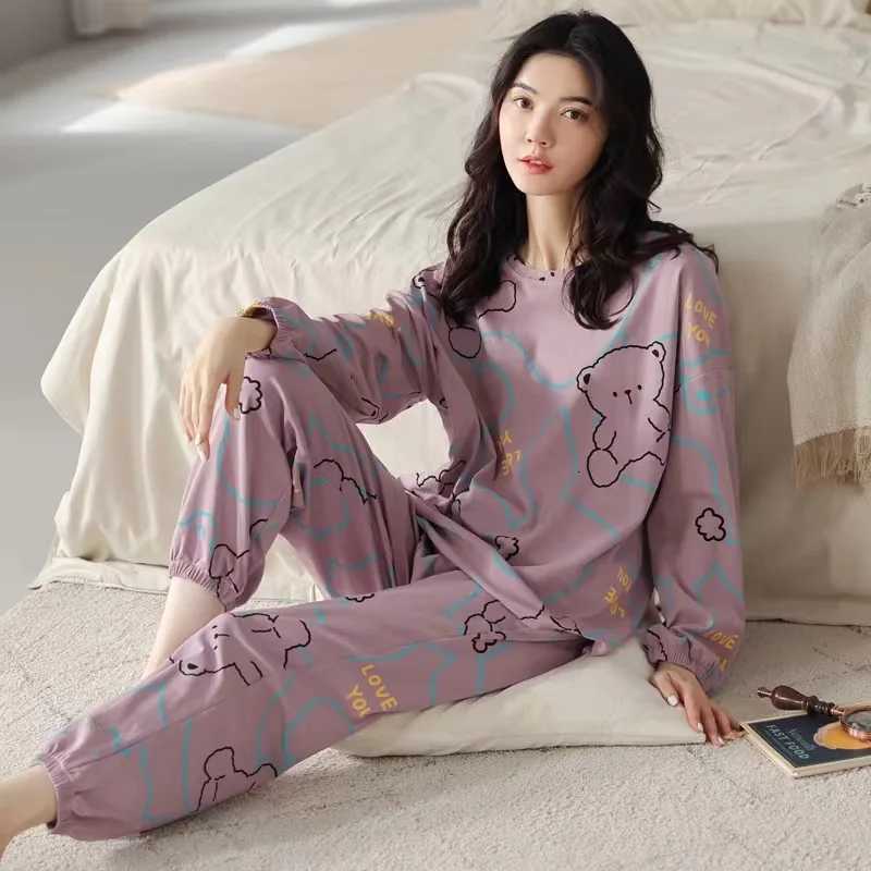Womens Sleepwear PolyesterCotton Blend Cartoon Pajamas Student Nightwear Homewear TwoPiece Tops and Pants Suit LoungewearT251014