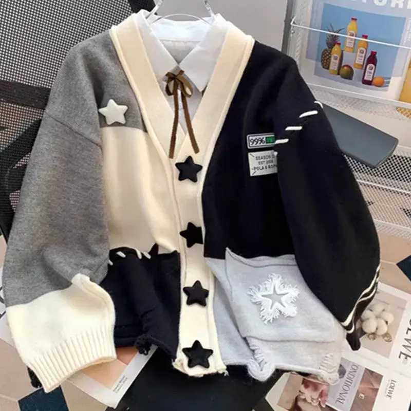 Womens Autumn Winter Personality Patchwork Star Sweater Cardigan Lady Casual Loose VNe Knitted Jaets New Coat Kntwear Top W251014