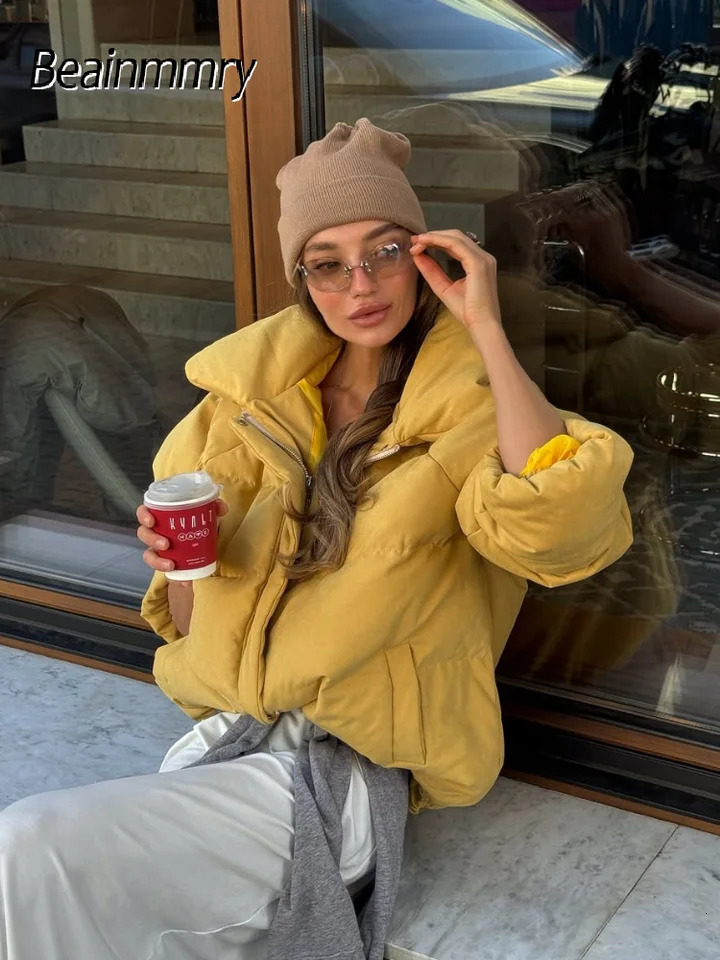 Womens Warm Winter Cotton Jacket Yellow Padded Coat Casual Loose Office Commute Lady Lapel Neck Full Sleeve Short Outwear 251011