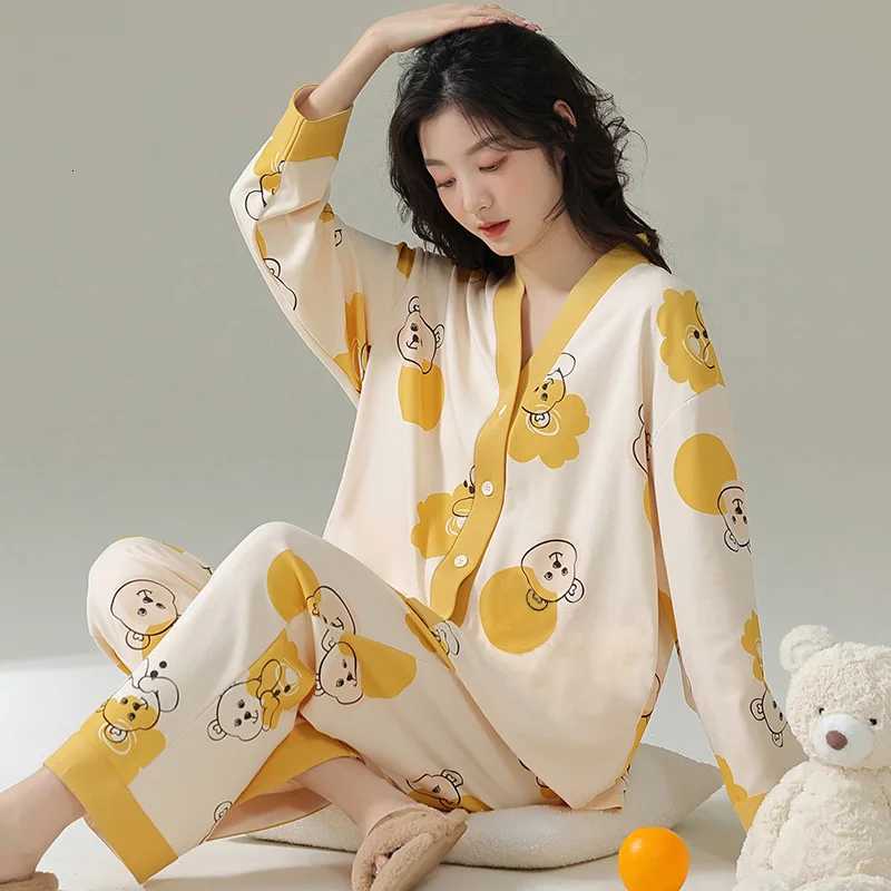 2024 Spring and Autumn Milk Silk Pajamas Women Cardigan VNeck Long Sleeve Long Pants Thin Section Polka Dot Printed Homewear SeT251014
