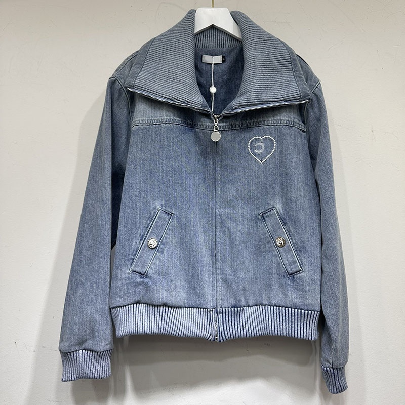 Designer Denim Jacket For Women Luxury Embroidered Lapel Jackets Spring Autumn Stylish Street Washed Blue Long Sleeve Jean Coat