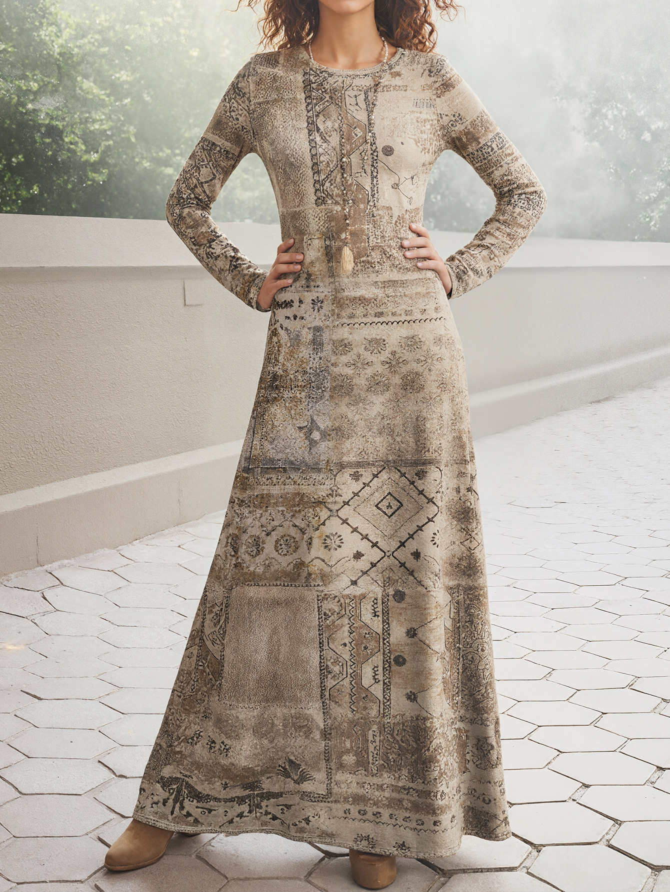 Women's Autumn Winter Fashion Mom's New Retro Khaki Ethnic Printed Maxi Dress - Suitable for Outing & Daily Wear-CF56317