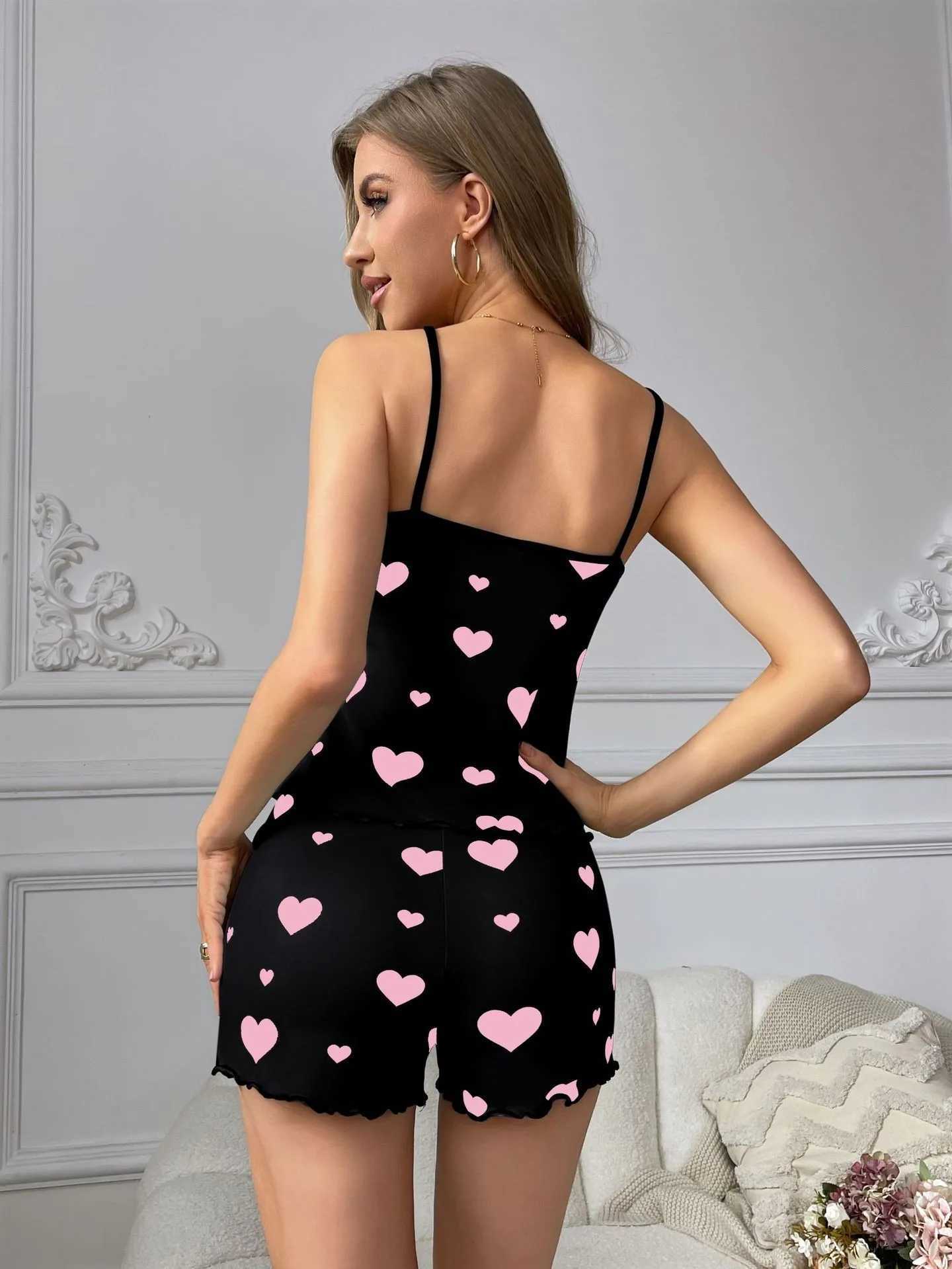 Womens Valentines Day Cami Pajama Set Sleepwear Heart Love Pattern Loungewear Pjs Ultra Soft Comfy Lounge Set Nightwear New HotT251014